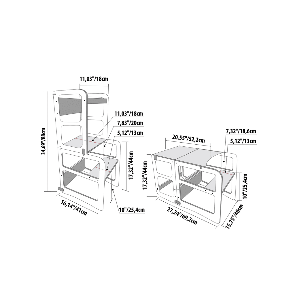 Torre de cozinha 2 em 1 / Mesa e cadeira em Lacado | Motricidade Tinitto – Fabricação europeia