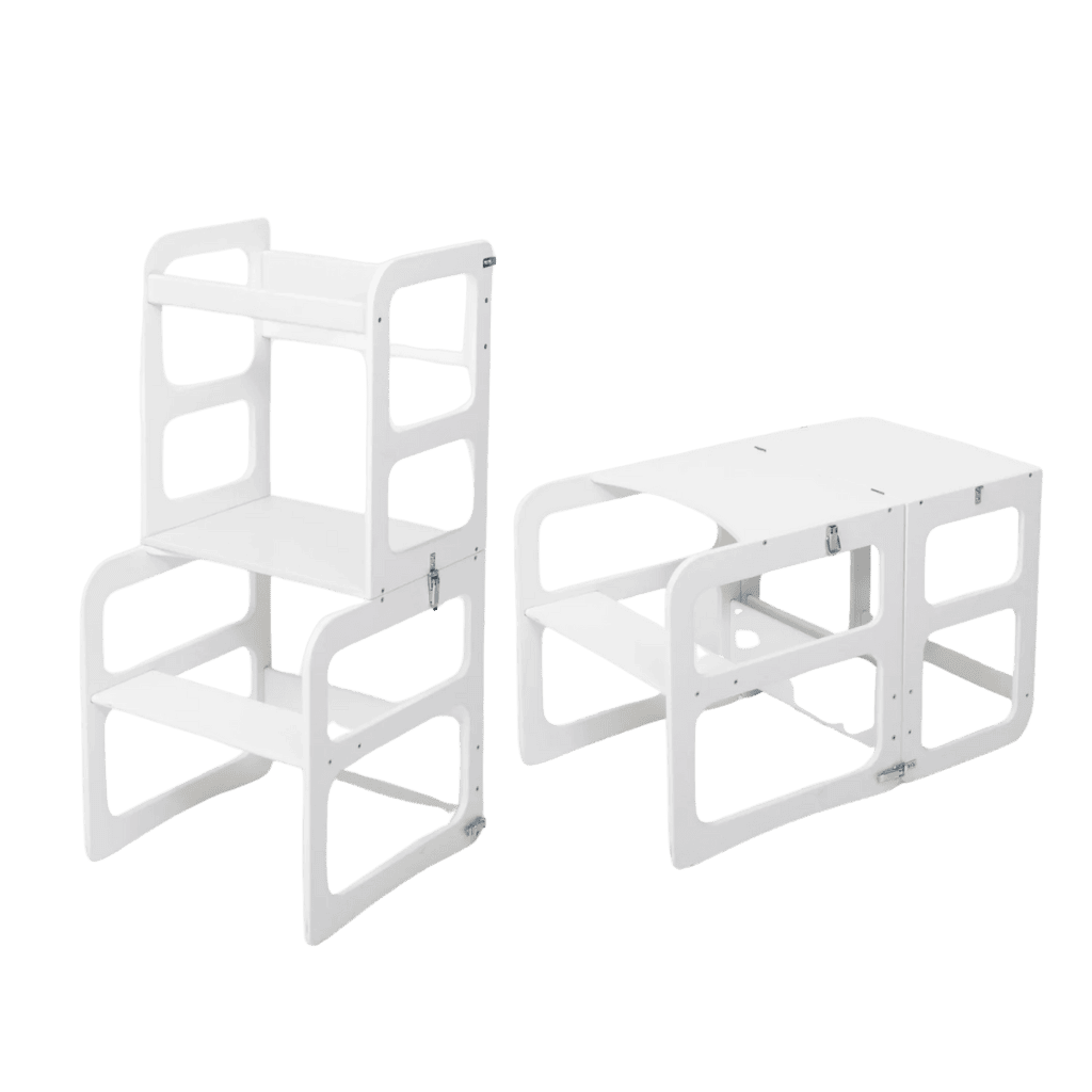Torre de cozinha 2 em 1 / Mesa e cadeira em Lacado | Motricidade Tinitto – Fabricação europeia