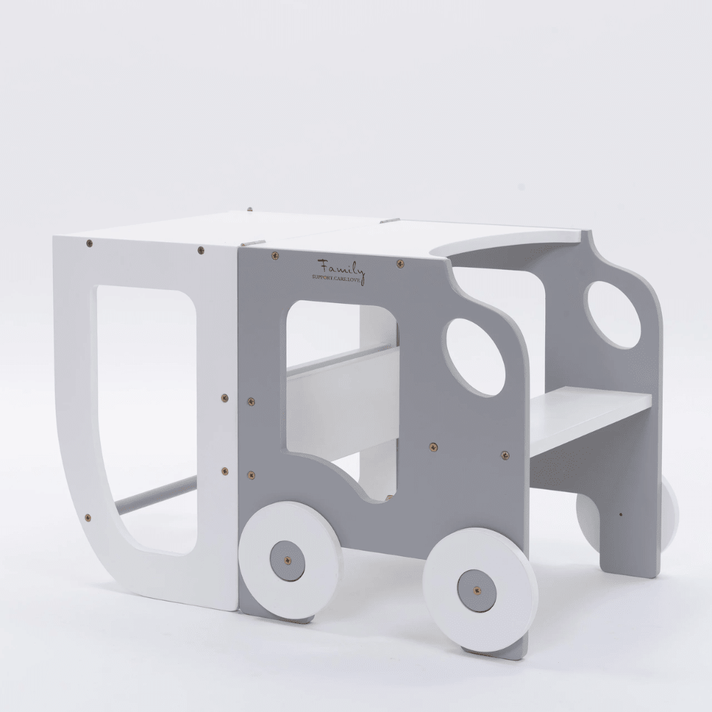 Tour d'Observation Convertible "Little Car" – Bureau & Marchepied 2 - en - 1 en Blanc/Bois | Motricidade Tinitto – Fabrication européenne