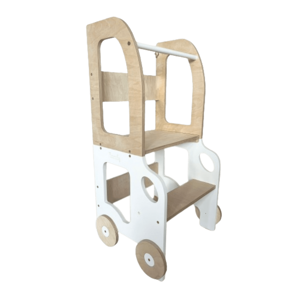 Tour d'Observation Convertible "Little Car" – Bureau & Marchepied 2 - en - 1 en Blanc/Bois | Motricidade Tinitto – Fabrication européenne