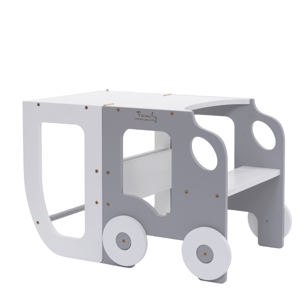 Tour d'Observation Convertible "Little Car" – Bureau & Marchepied 2 - en - 1 en Blanc/Gris | Motricidade Tinitto – Fabrication européenne