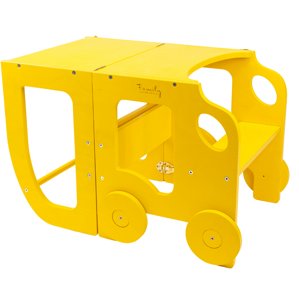 Tour d'Observation Convertible "Little Car" – Bureau & Marchepied 2 - en - 1 en Jaune | Motricidade Tinitto – Fabrication européenne