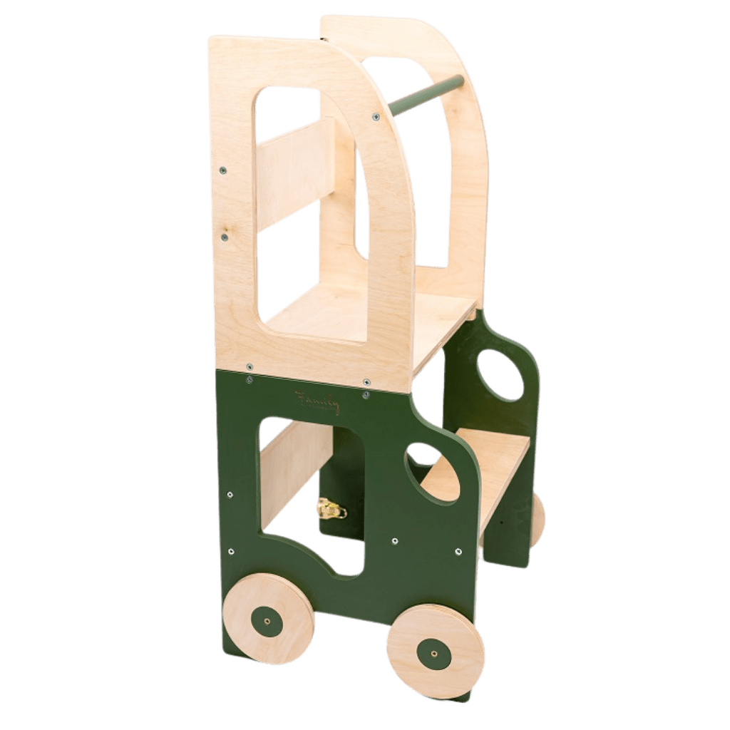 Tour d'Observation Convertible "Little Car" – Bureau & Marchepied 2 - en - 1 en Khaki/Bois | Motricidade Tinitto – Fabrication européenne