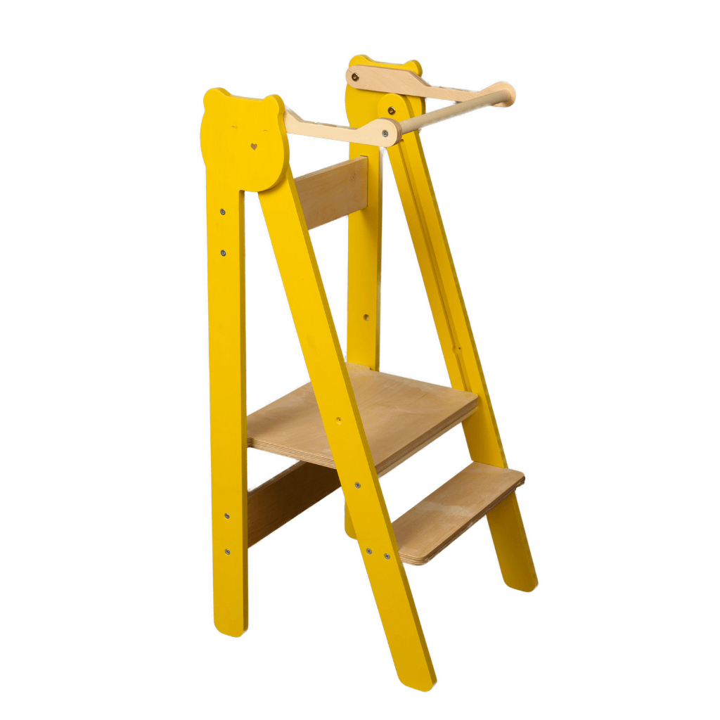 Tour d’Observation Montessori Compacte et Sécurisée en Jaune/Bois | Motricidade Tinitto – Fabrication européenne