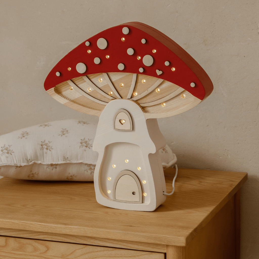 Veilleuse Maison Champignon en Bois de Pin en Beige | Decoração Tinitto – Fabrication européenne